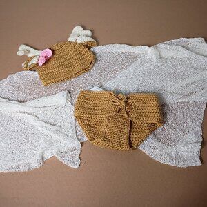 Crochet Baby Deer Girl Photography Set and Cream Stretchy Wrap Pink Bow